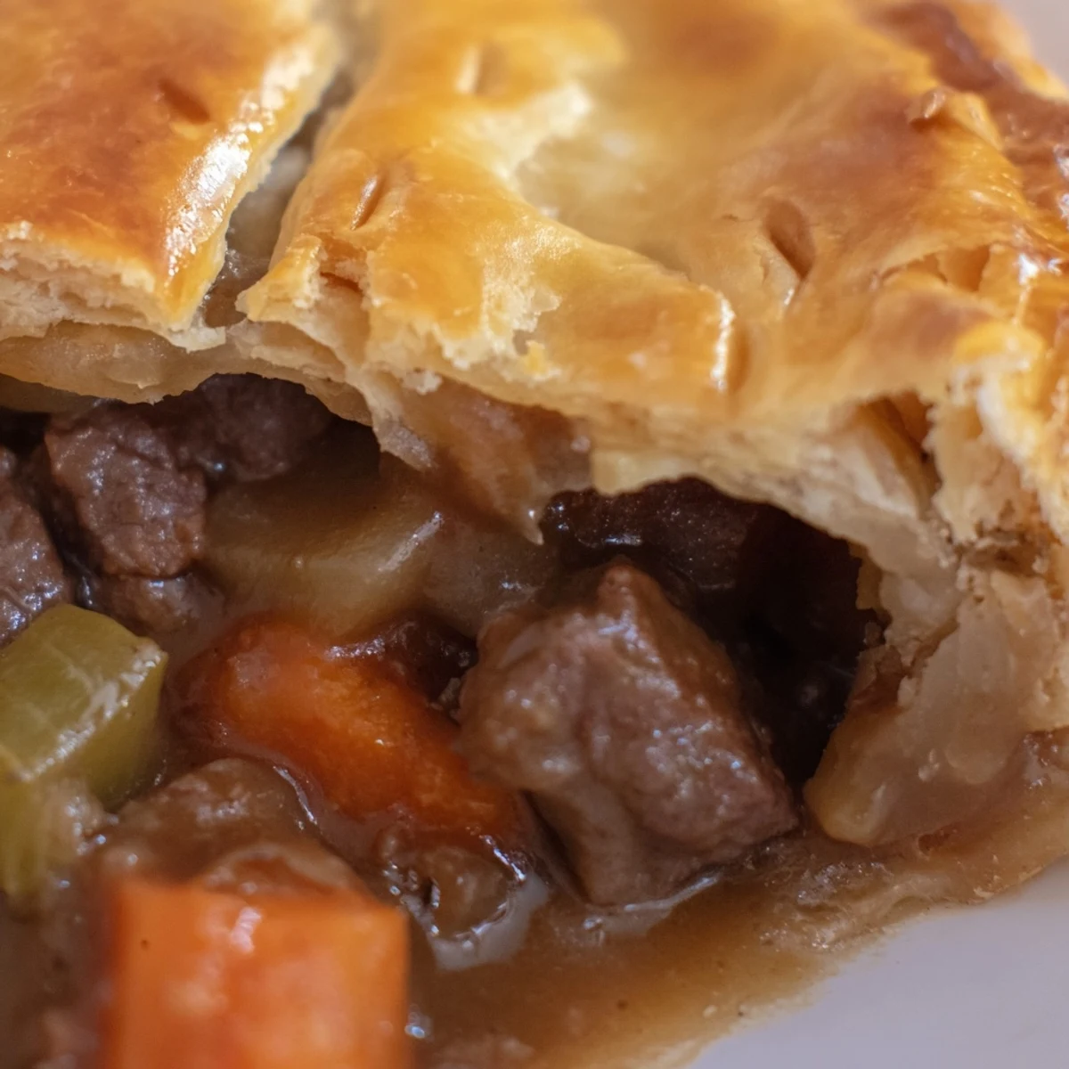Irish Beef and Guinness-Free Pie reveals flaky crust atop hearty filling of carrots, celery, and slow-cooked beef.