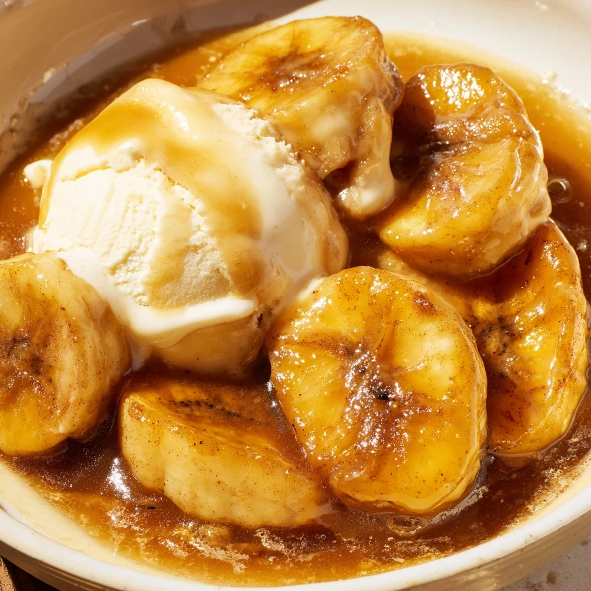 Golden-brown banana slices rest in a glossy, buttery caramel sauce with a hint of cinnamon and vanilla.  