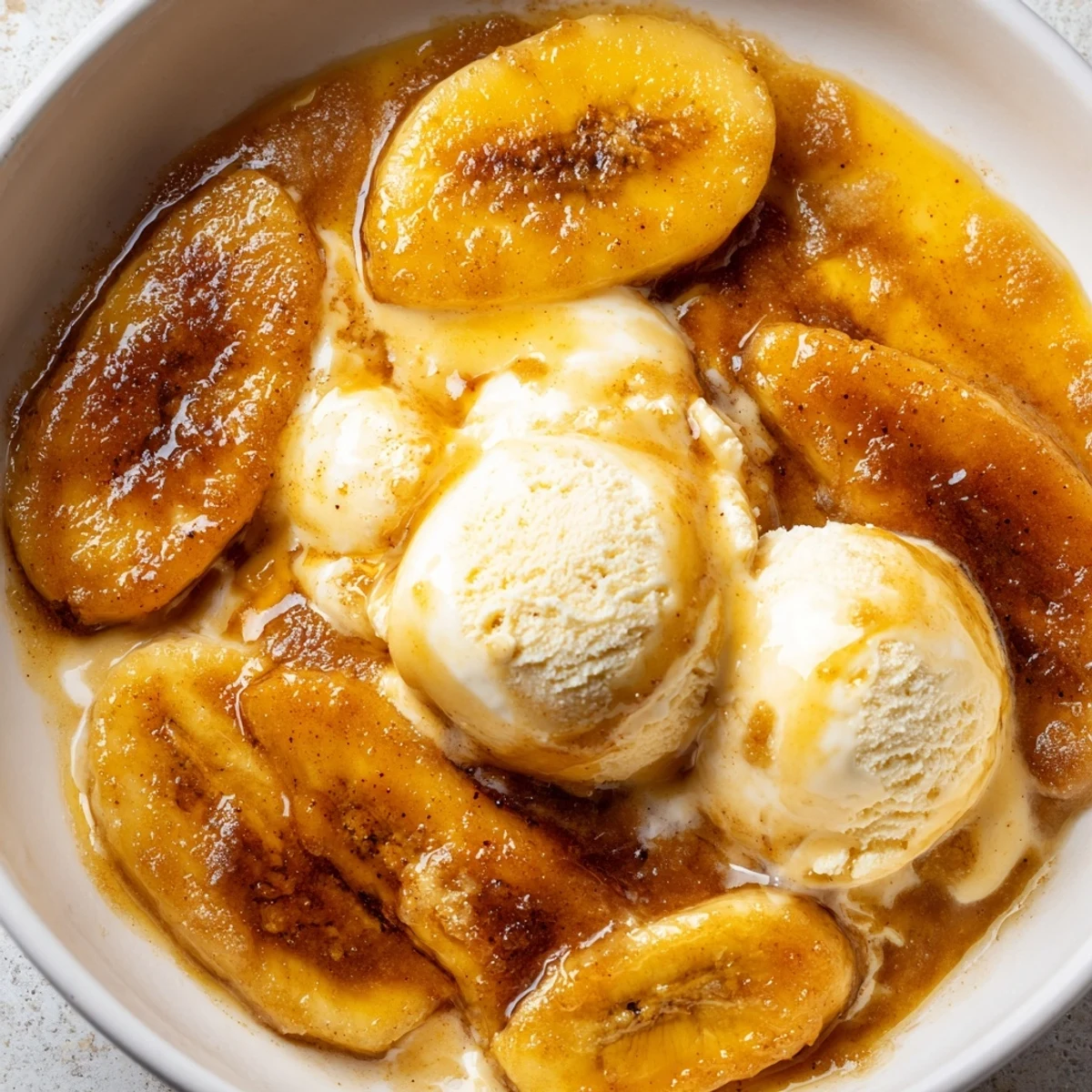 Classic Bananas Foster served in a bowl, featuring tender bananas drizzled with warm sauce over vanilla ice cream.
