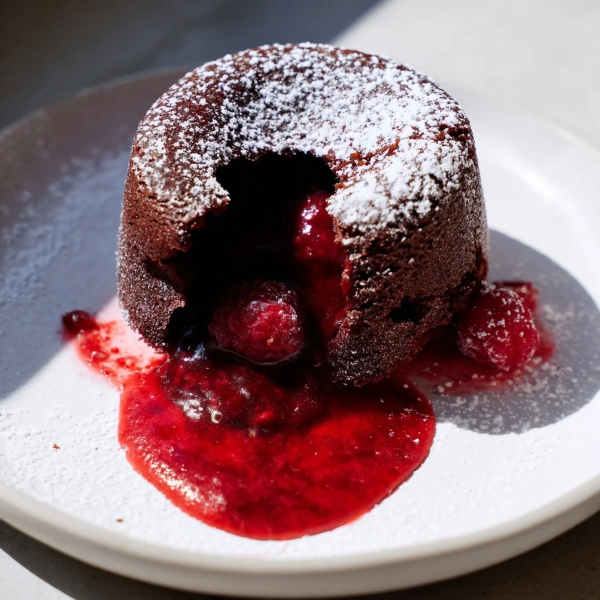 Gooey Chocolate Lava Cakes with Raspberry Sauce are drizzled with sweet berry syrup on a white plate for a stunning presentation.  