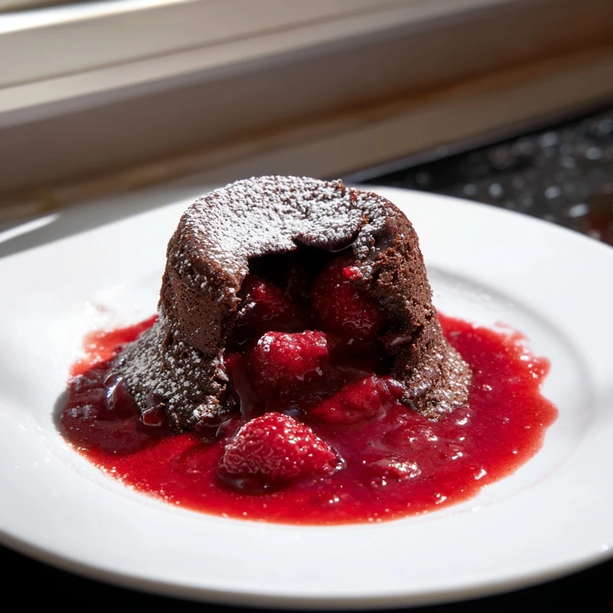 A single serving of Chocolate Lava Cakes with Raspberry Sauce sits beside a scoop of vanilla ice cream melting slightly.  