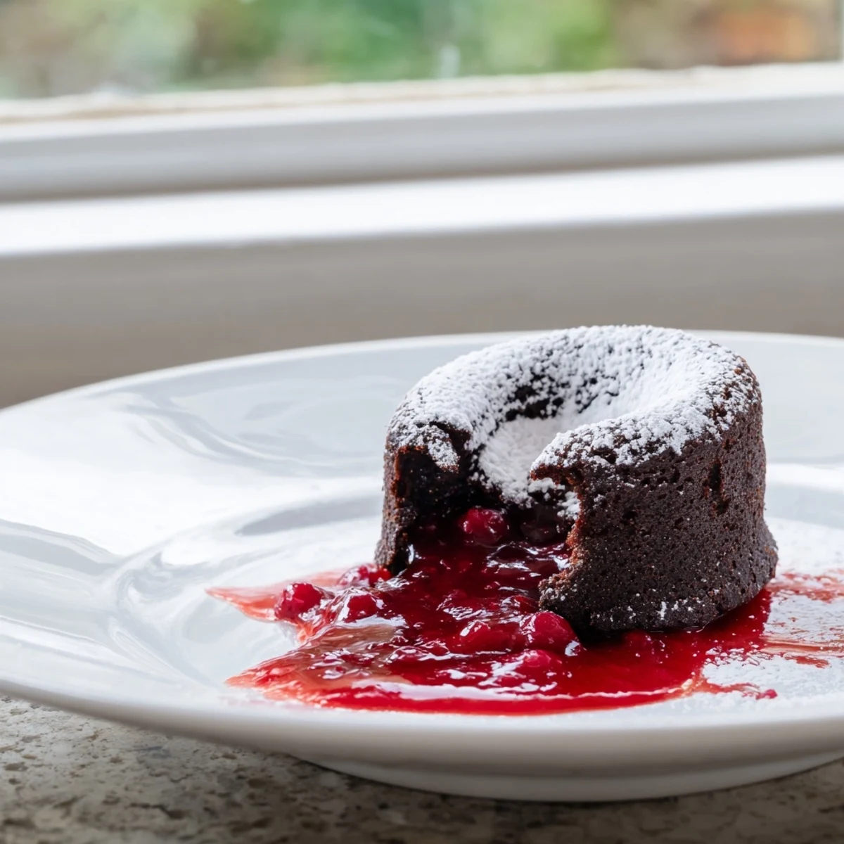 Freshly baked Chocolate Lava Cakes with Raspberry Sauce features a cracked top revealing the molten chocolate center ready to pour.