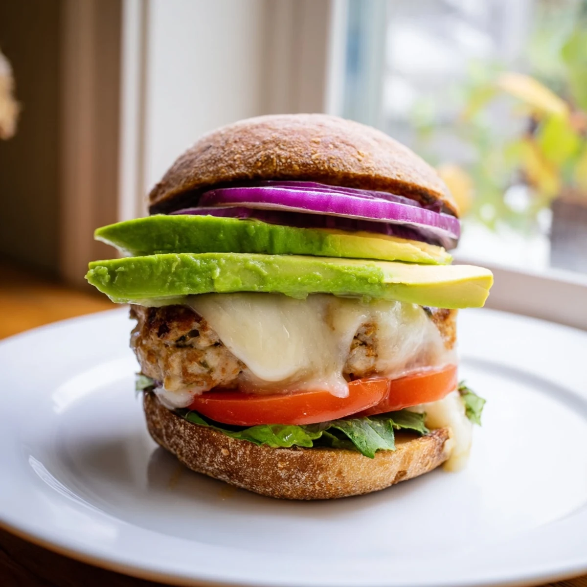A close-up of a turkey burger with avocado and Swiss cheese, sliced to reveal juicy layers on a toasted bun.