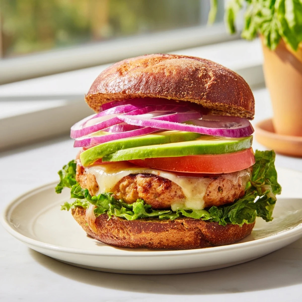 Sizzling turkey burger with melted Swiss cheese and creamy avocado slices, garnished with lettuce and tomato on a toasted whole wheat bun.