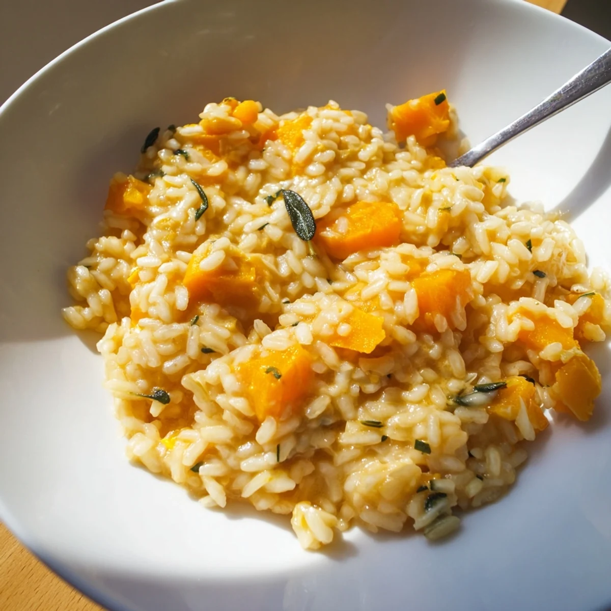A steaming bowl of creamy Winter Squash Risotto with Sage garnished with fresh herbs.  