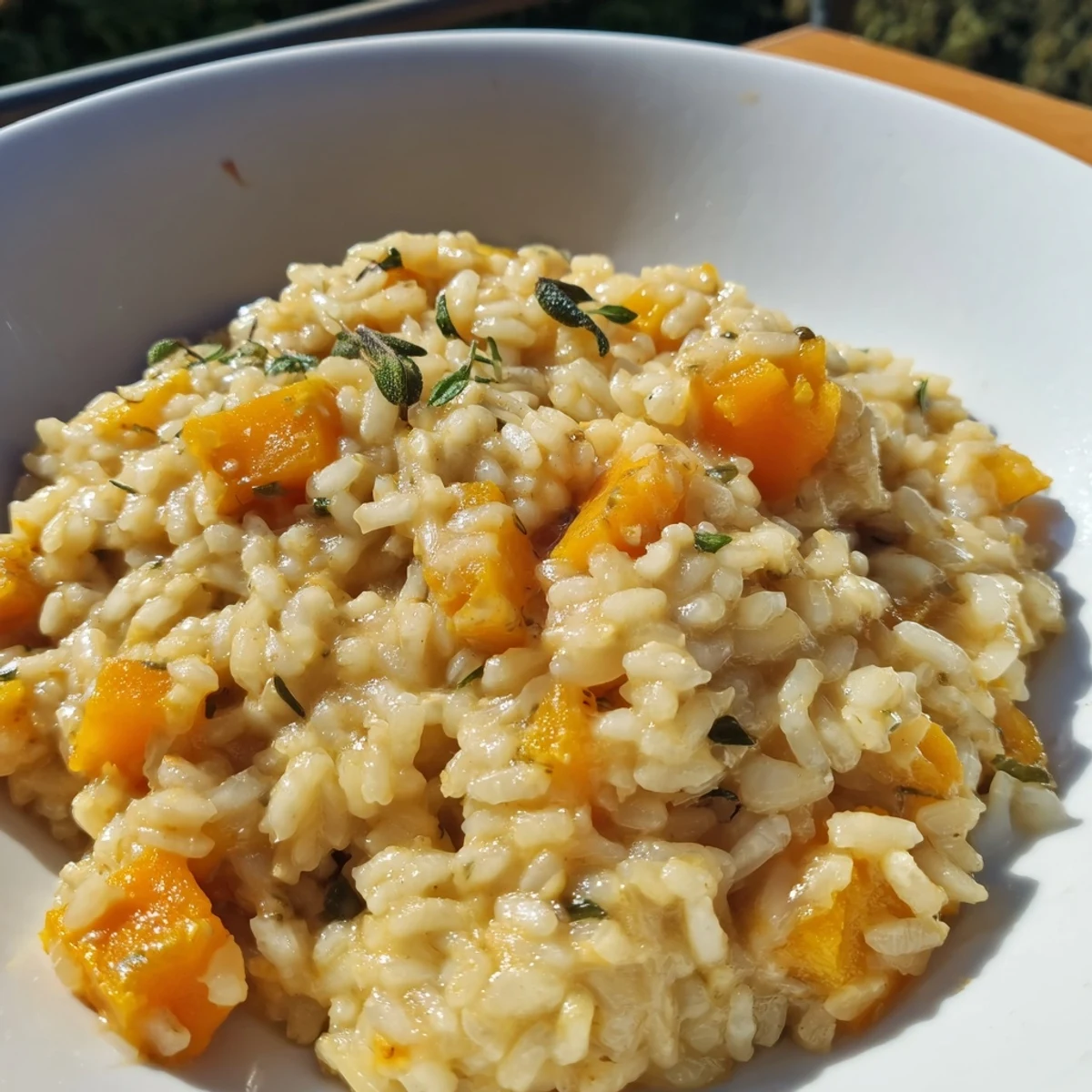 Winter Squash Risotto with Sage served hot in a rustic bowl with a sprinkle of Parmesan.  