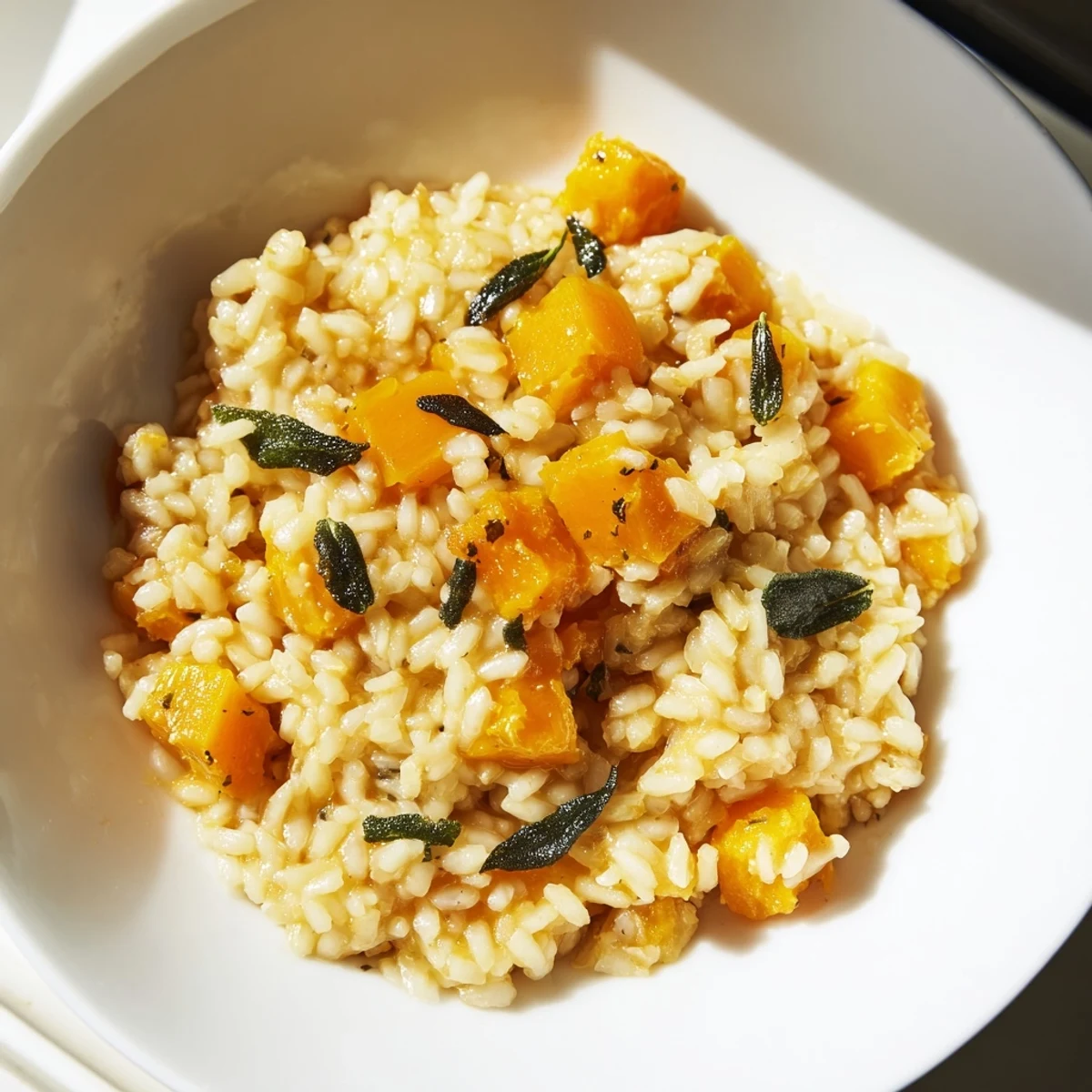 Close-up of creamy Winter Squash Risotto with Sage and tender squash cubes on a white plate.