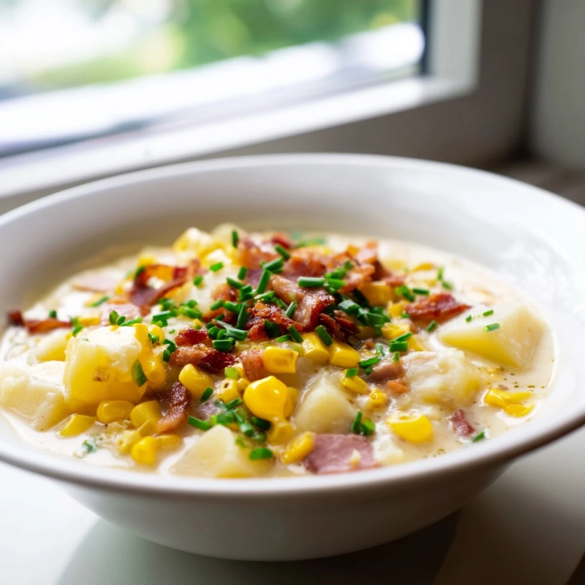 A close-up view of Creamy Corn Chowder with Turkey Bacon highlights velvety broth, tender potatoes, and sweet corn kernels in a rustic serving bowl.