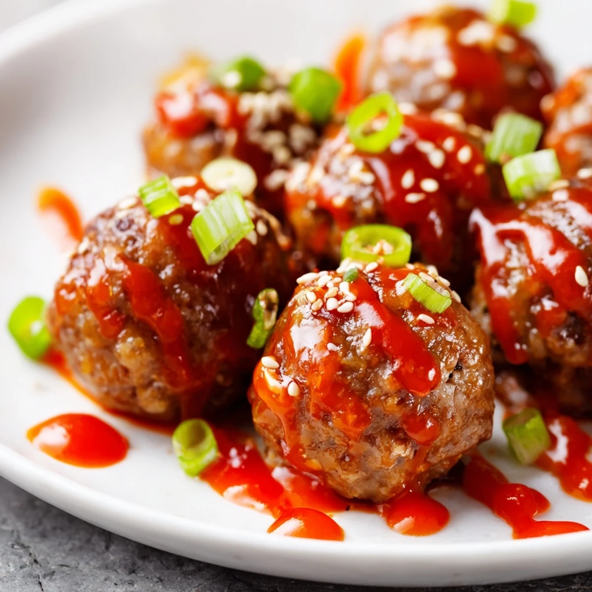 Golden-brown Spicy Sriracha Beef Meatballs glazed in a glossy, vibrant red sauce and garnished with fresh green onions and sesame seeds on a white plate.