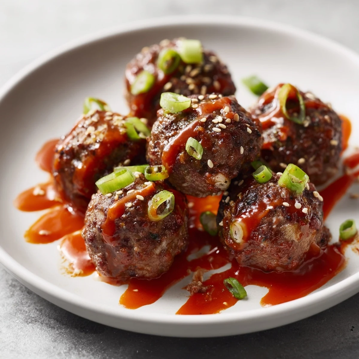 A close-up view of the tender Spicy Sriracha Beef Meatballs, showcasing juicy beef texture and aromatic bits of garlic and ginger baked inside.