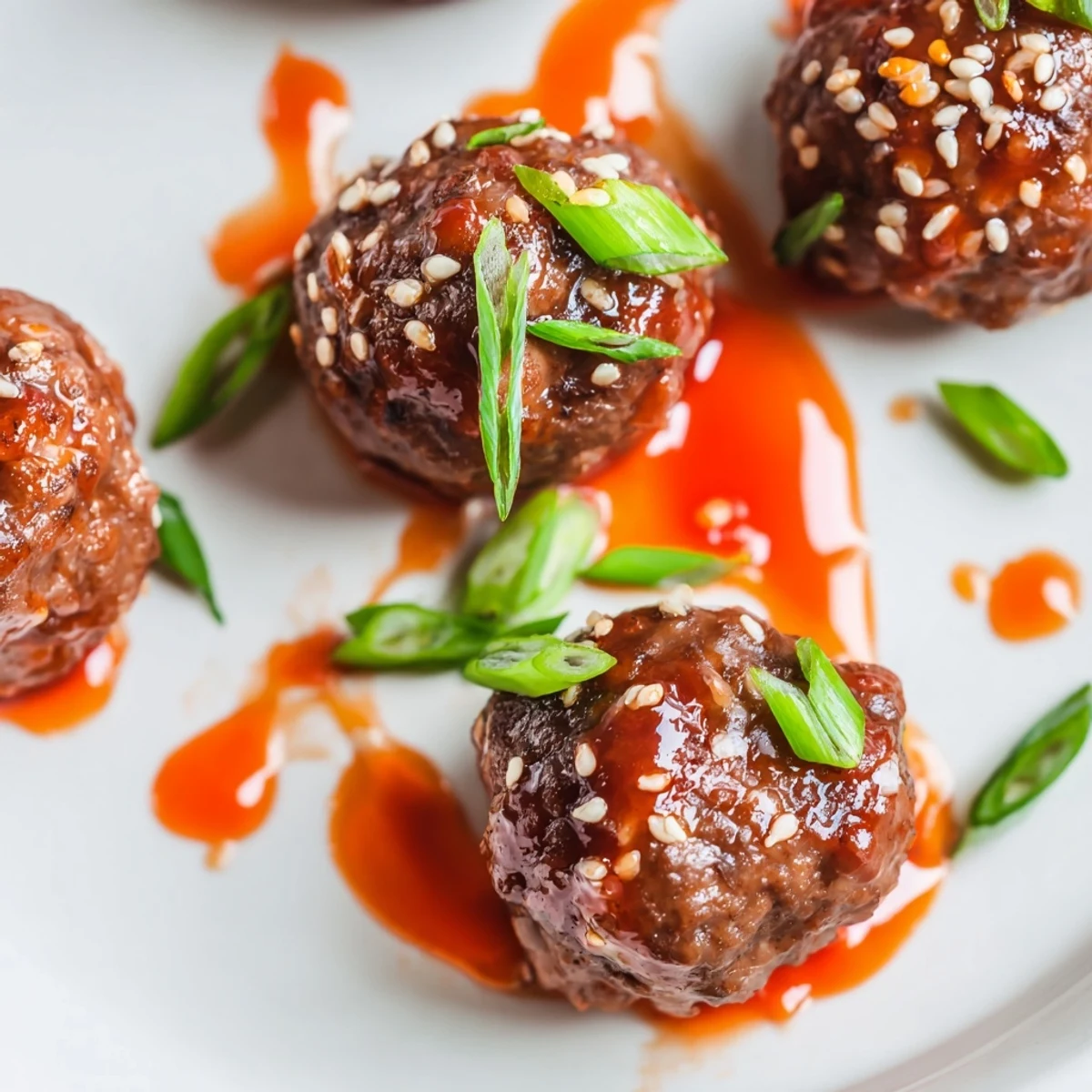 These flavorful Spicy Sriracha Beef Meatballs are arranged over a bowl of steamed white rice, making an appetizing and complete weeknight dinner.