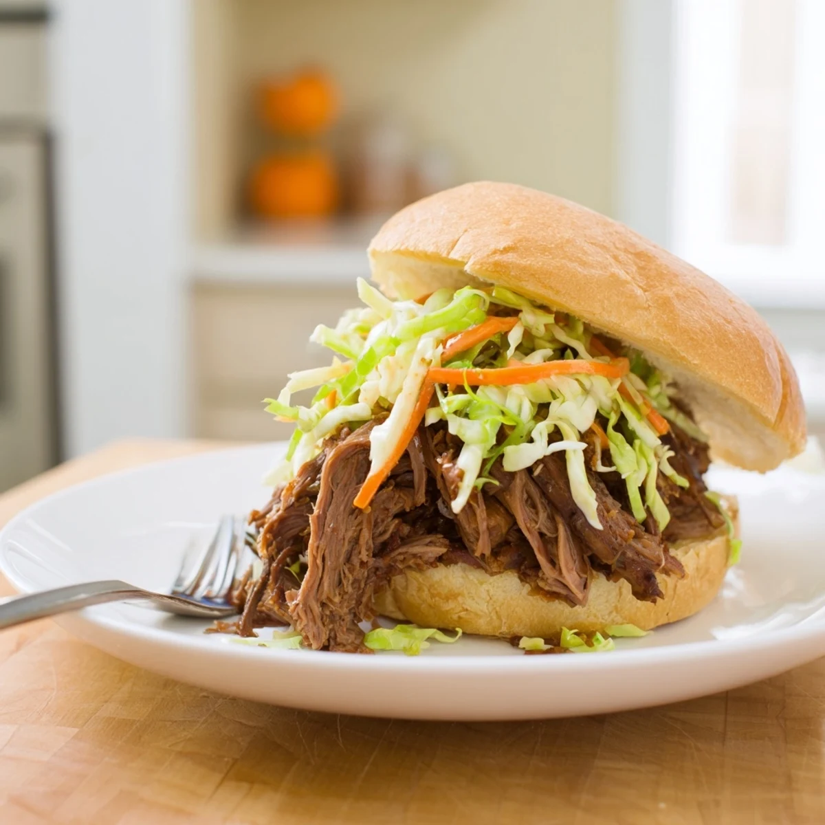 A close-up of juicy pulled beef sandwiches with slaw, perfect for a family dinner.