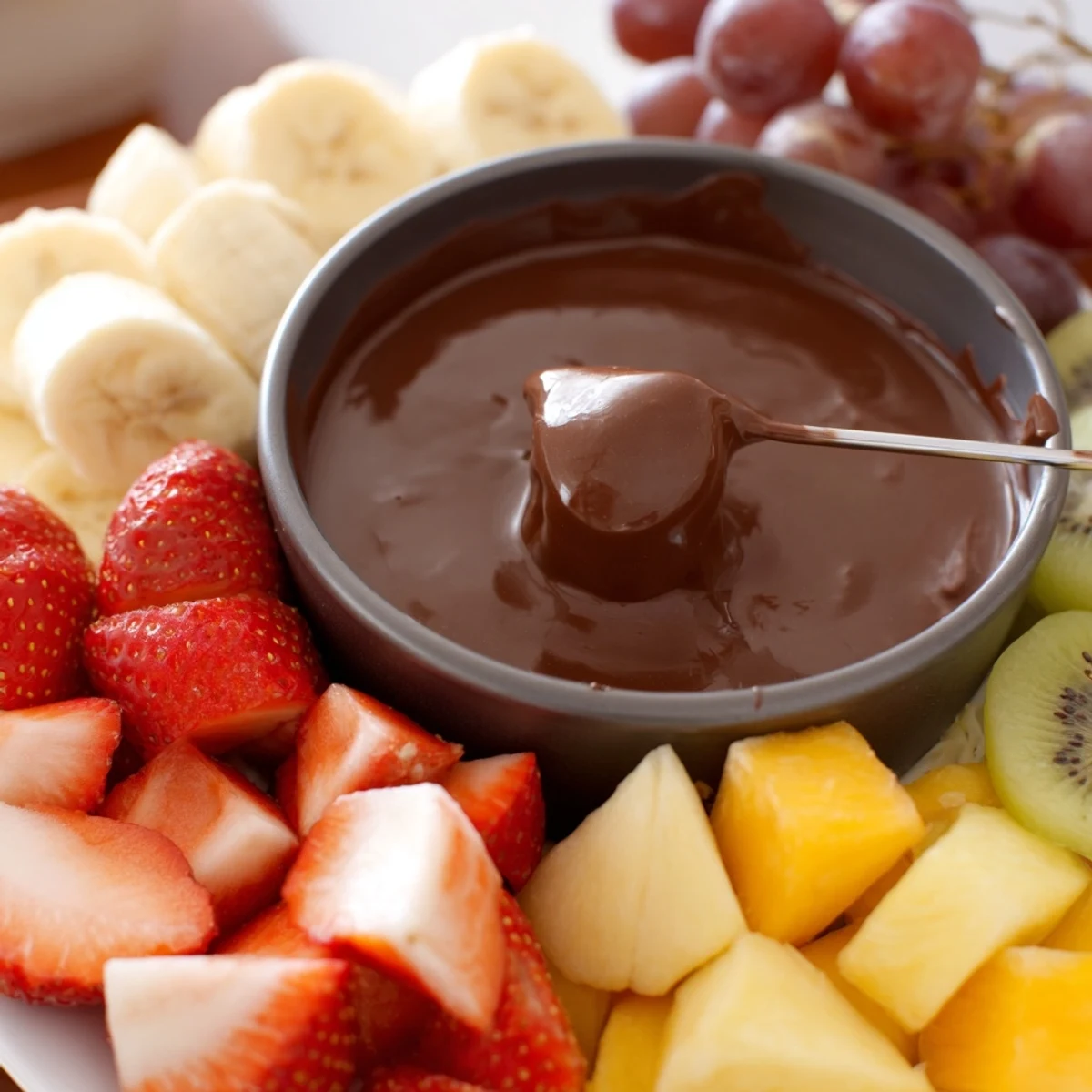 Valentine Chocolate Fondue with fresh fruit and marshmallows, surrounded by strawberries and bananas on a platter.