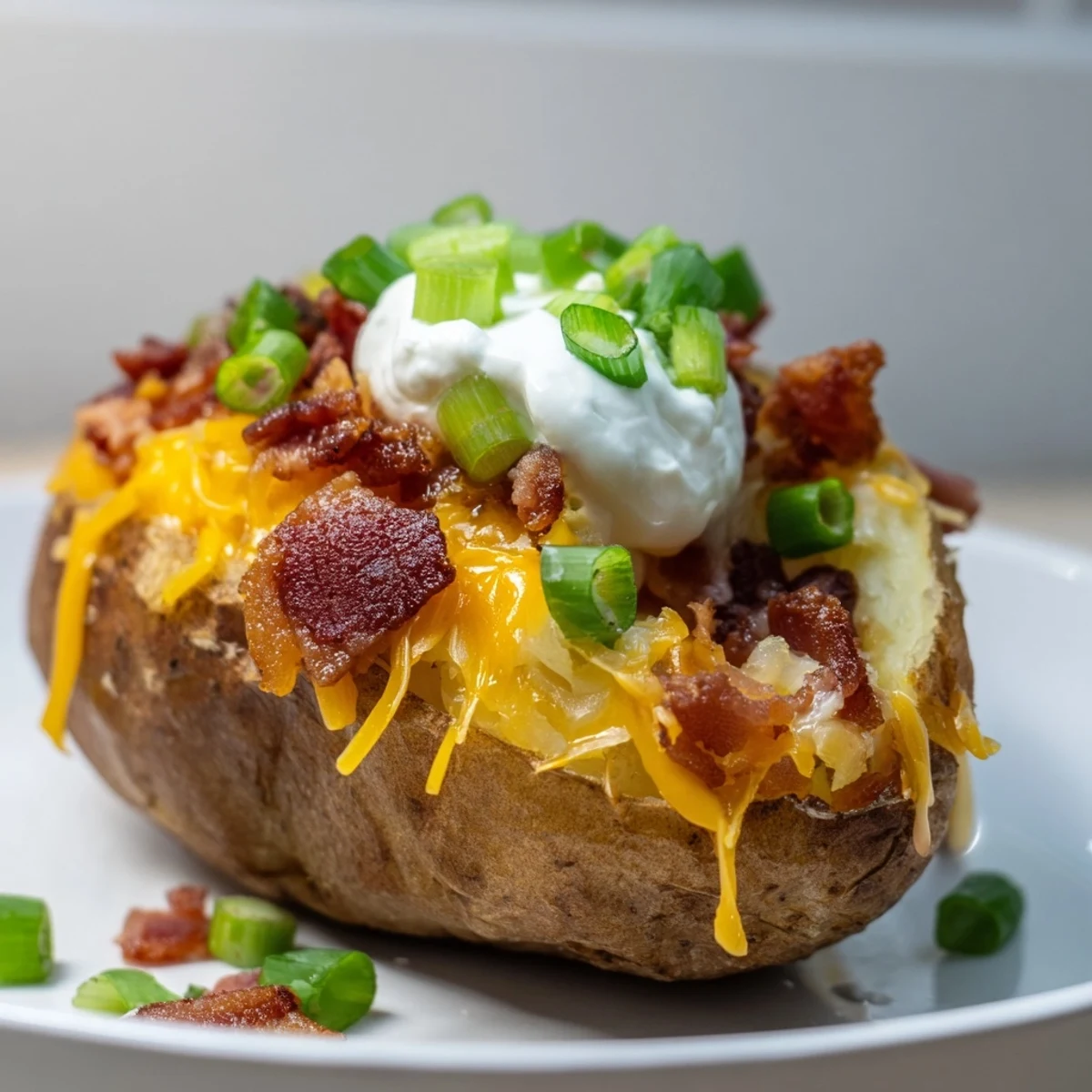 Golden-brown crispy potato skins filled with melted cheddar cheese, crumbled bacon, and fresh green onions, ready to serve.