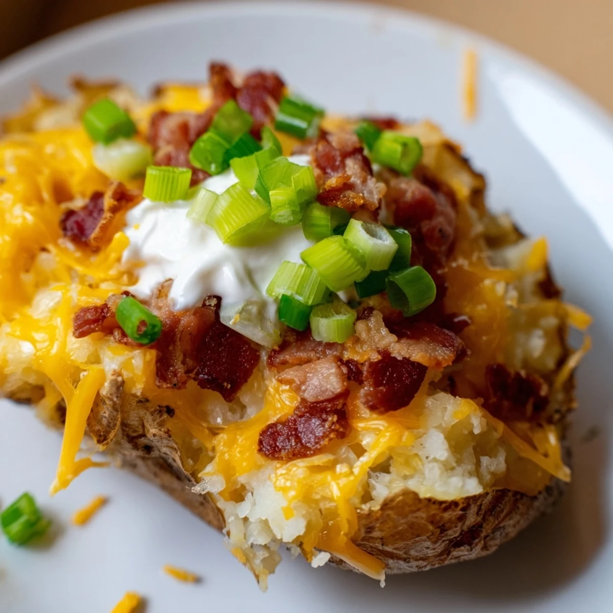 Close-up of gooey cheese and smoky bacon melting inside golden baked potato skins, served as a savory appetizer.