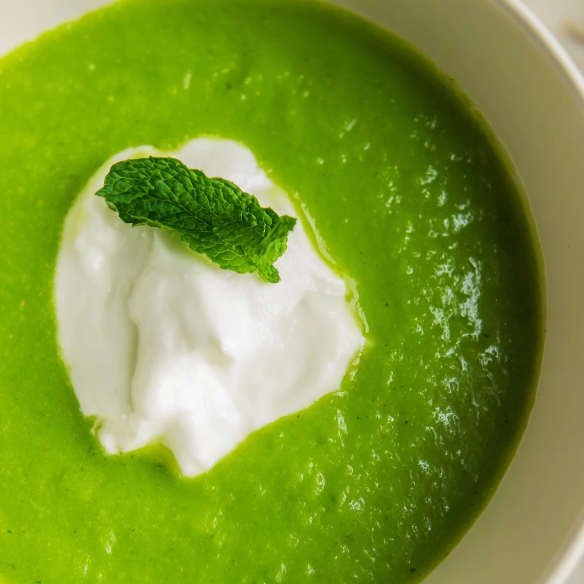 Creamy Green Pea and Mint Soup topped with a swirl of tangy crème fraîche, garnished with fresh mint sprigs in a white bowl.  