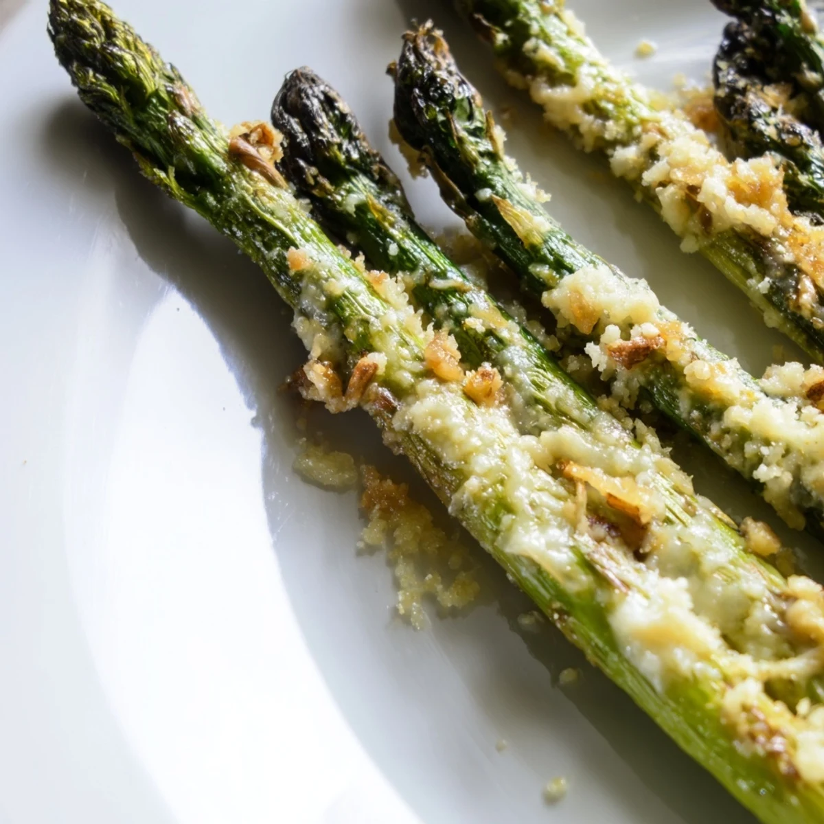 A close-up of Garlic Parmesan Roasted Asparagus Spears on a rustic wooden platter, garnished with fresh parsley.  