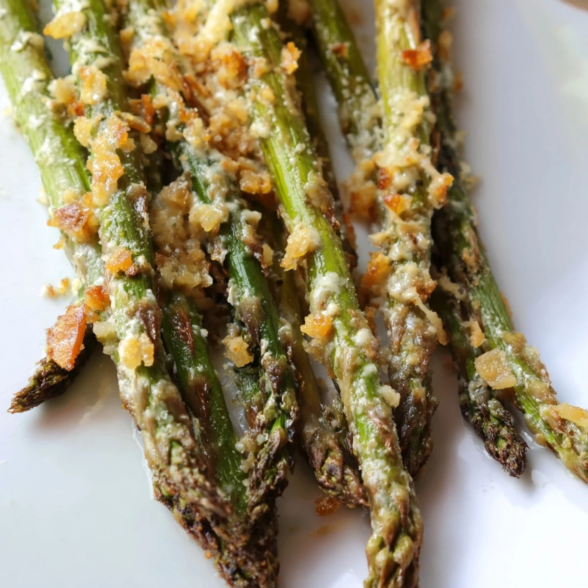 Garlic Parmesan Roasted Asparagus Spears served alongside grilled salmon and lemon wedges on a dinner plate.