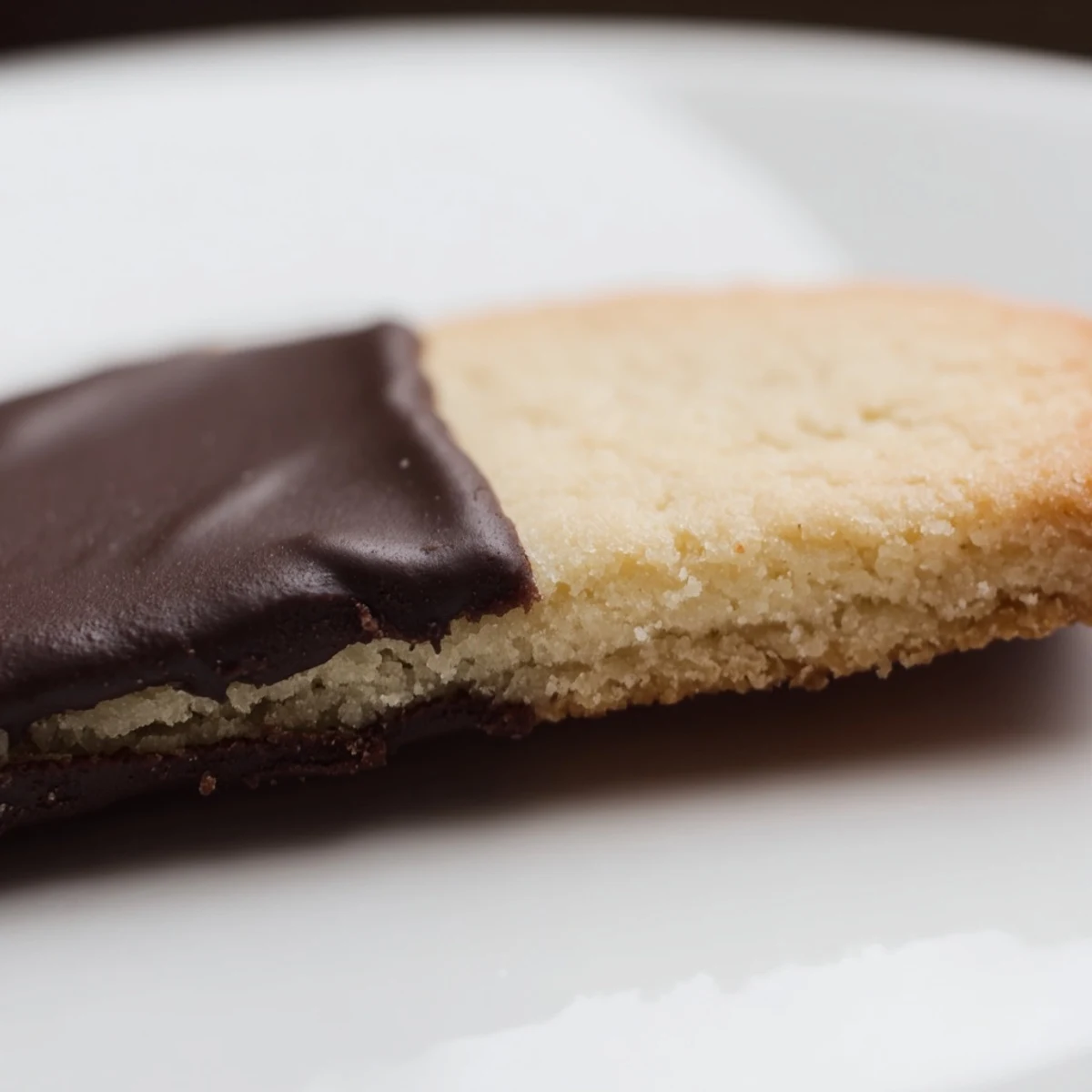 Freshly baked shortbread cookies dipped in chocolate, served on a rustic wooden plate for teatime.  