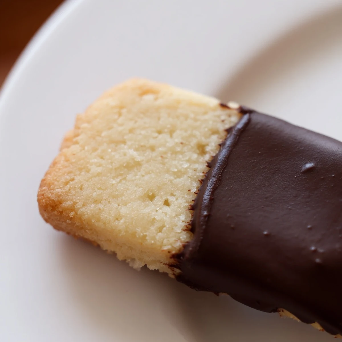 Golden shortbread cookies half-dipped in melted dark chocolate, sprinkled with sea salt on parchment paper.  
