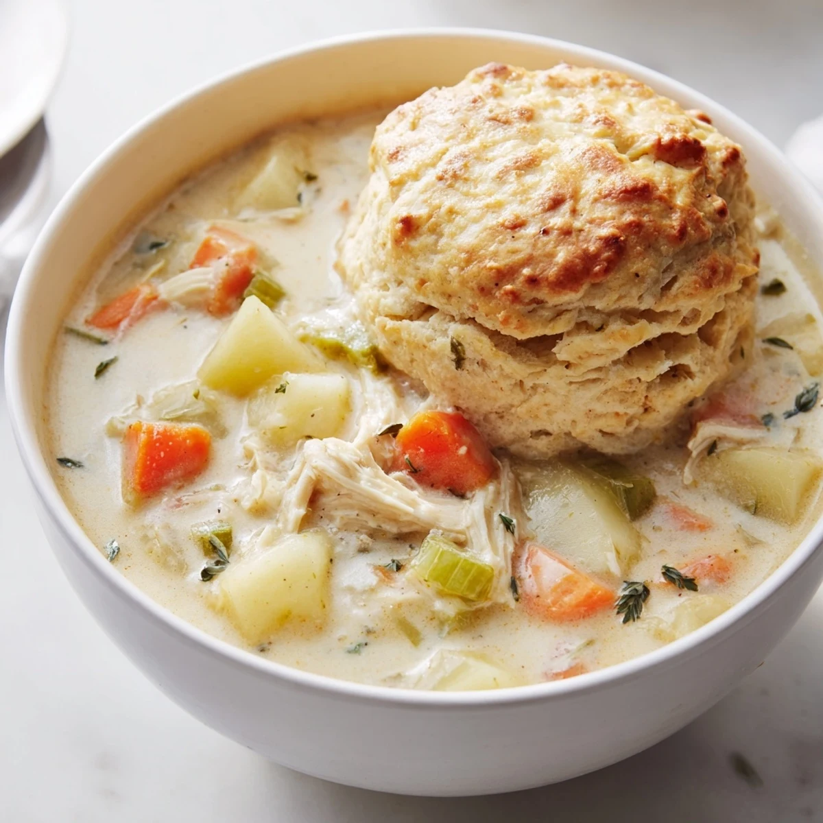 Steaming Chicken Pot Pie Soup with Biscuit in a rustic bowl, topped with a golden-brown, flaky biscuit and fresh herbs.