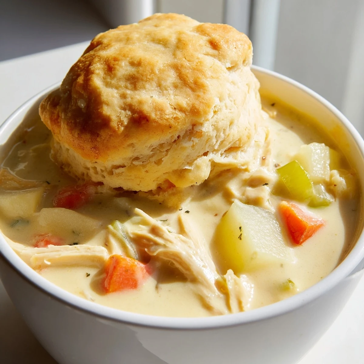Serving of creamy Chicken Pot Pie Soup with Biscuit, brimming with tender chicken, carrots, peas, and a fluffy homemade biscuit.