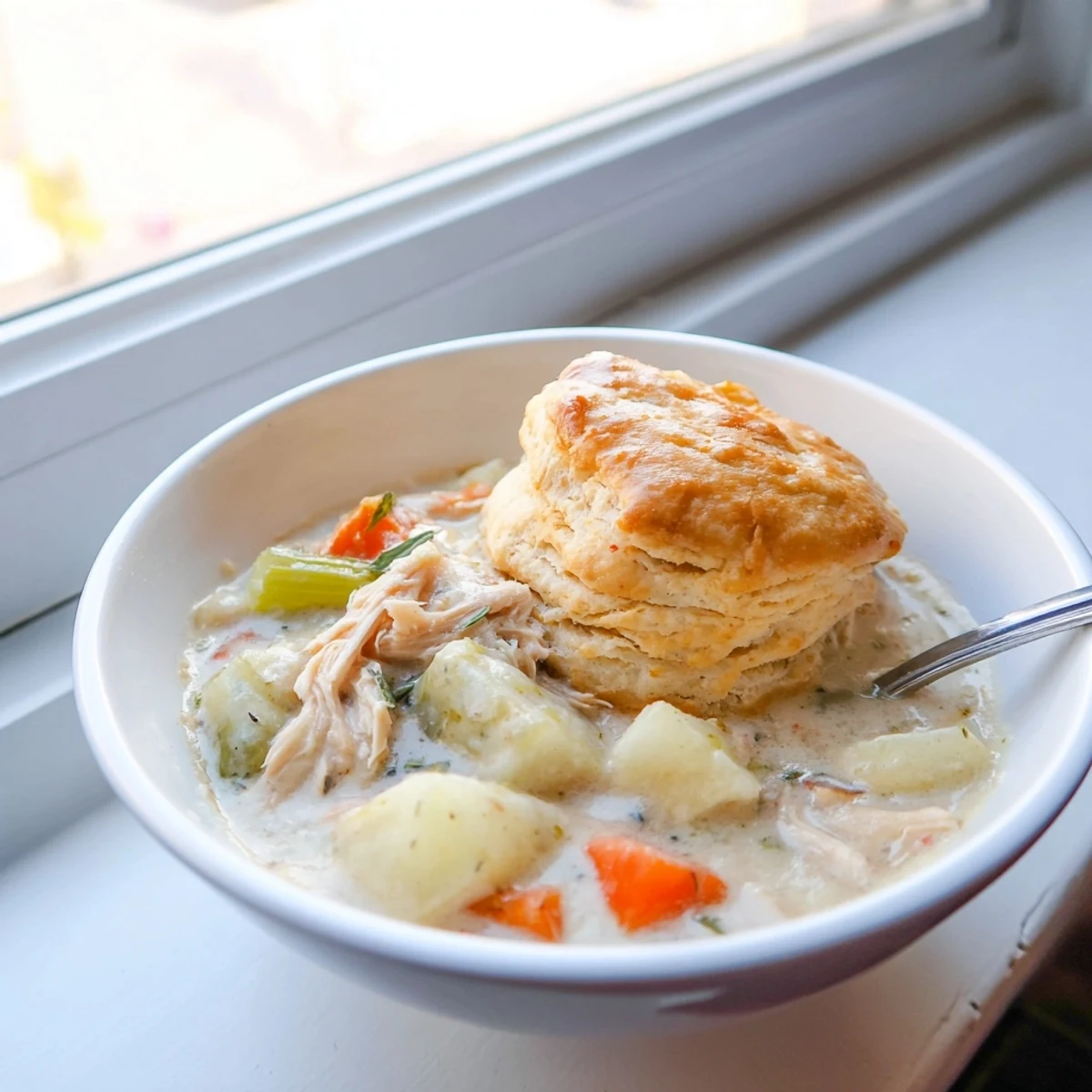 Cozy comfort food: a bowl of Chicken Pot Pie Soup with Biscuit, featuring thick broth and a side of buttery biscuits.