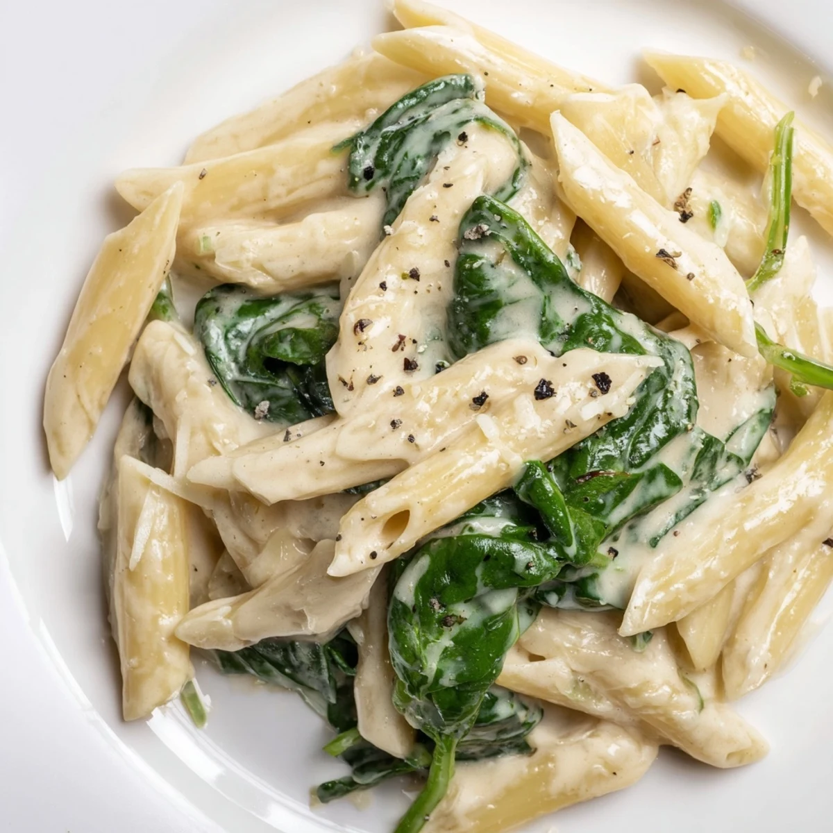 Creamy Spinach Pasta with Garlic twirls in a rich, velvety sauce, featuring tender spinach leaves and freshly grated Parmesan for a comforting weeknight meal.