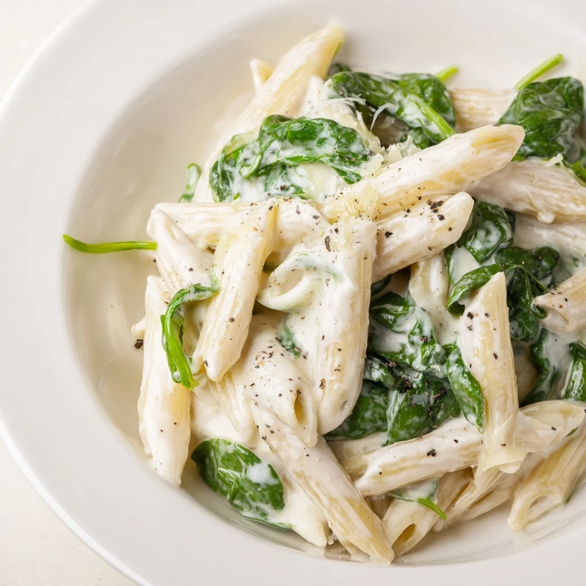 Steam rises from a plate of Creamy Spinach Pasta with Garlic, highlighting the silky cream sauce clinging to each strand of pasta.