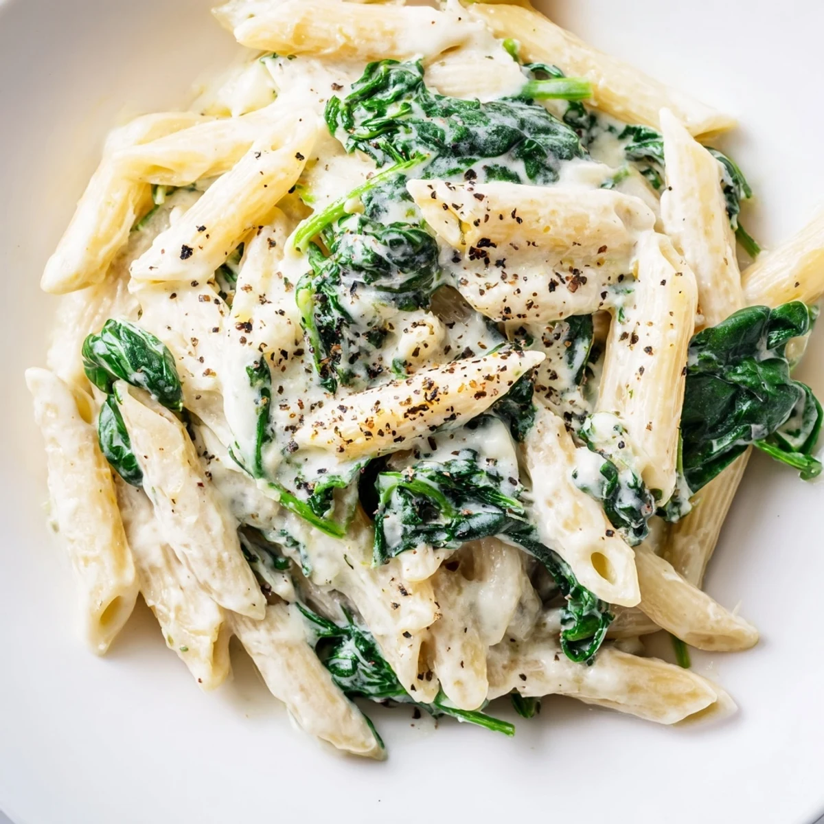 Served in a shallow bowl, Creamy Spinach Pasta with Garlic is garnished with black pepper and Parmesan, perfect for a cozy vegetarian dinner.