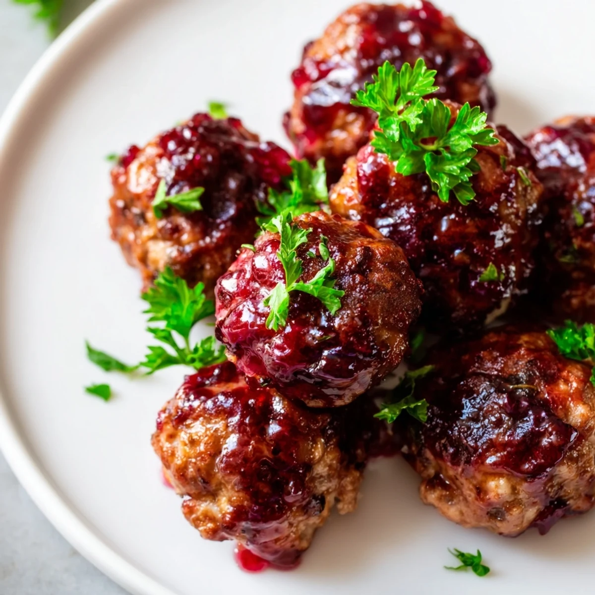 Turkey meatballs with cranberry glaze glisten on a serving platter, garnished with fresh parsley and ready for holiday parties.