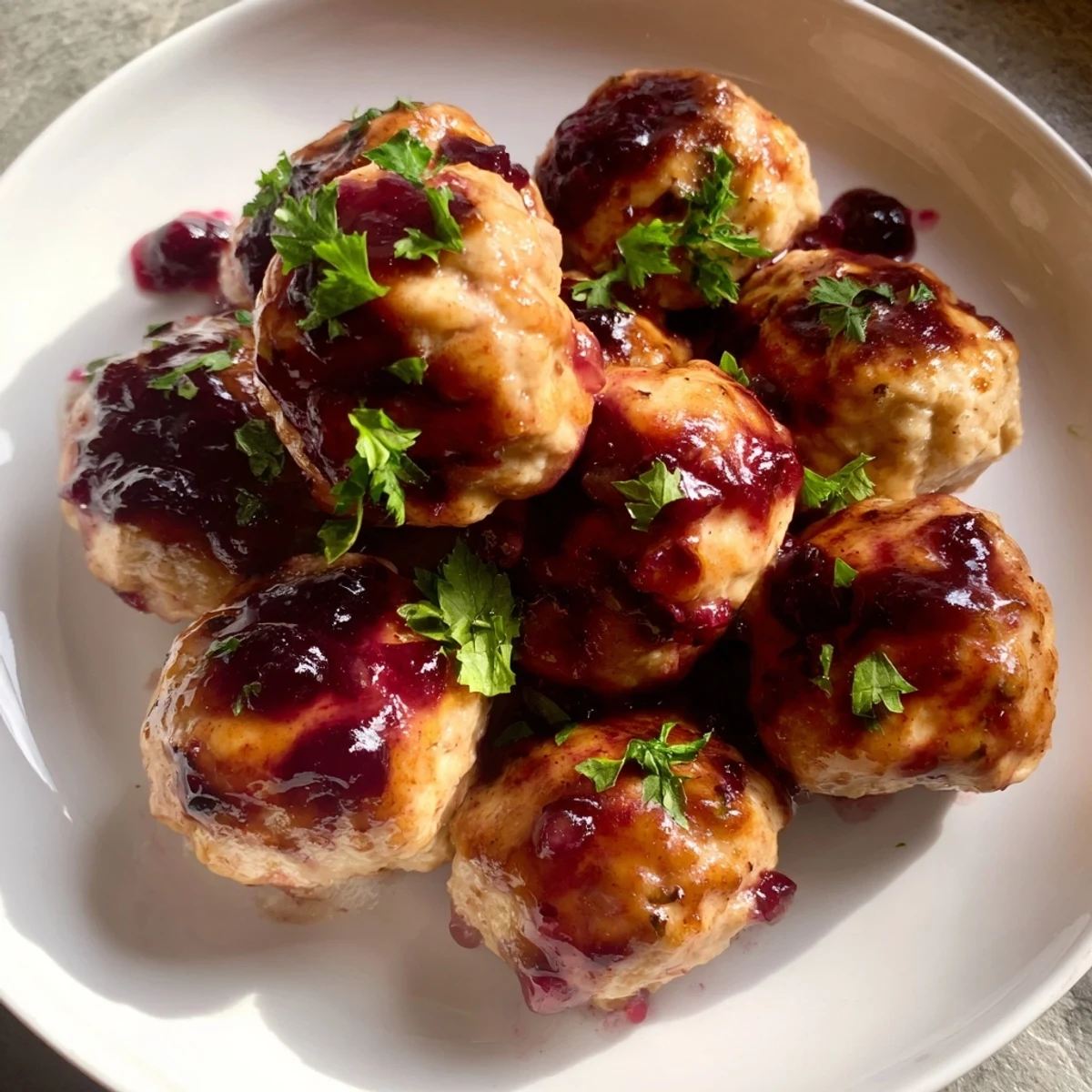 Sweet and tangy cranberry-glazed turkey meatballs arranged on a platter, ideal as a festive appetizer for game day.