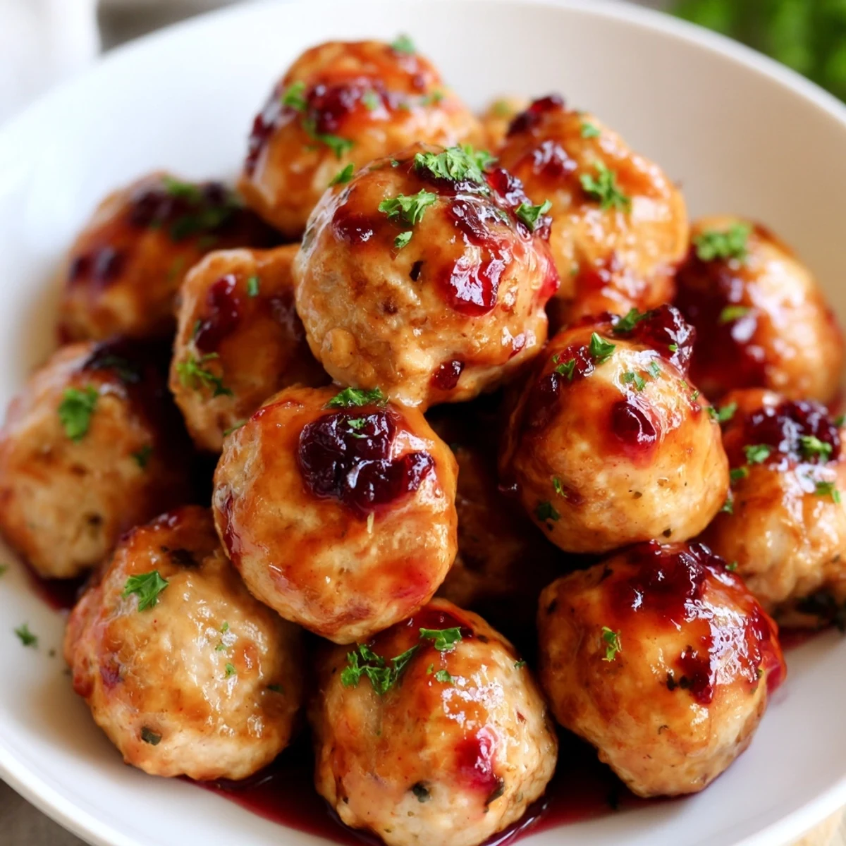 Golden baked turkey meatballs with cranberry glaze, served over mashed potatoes for a cozy, dairy-free family dinner.