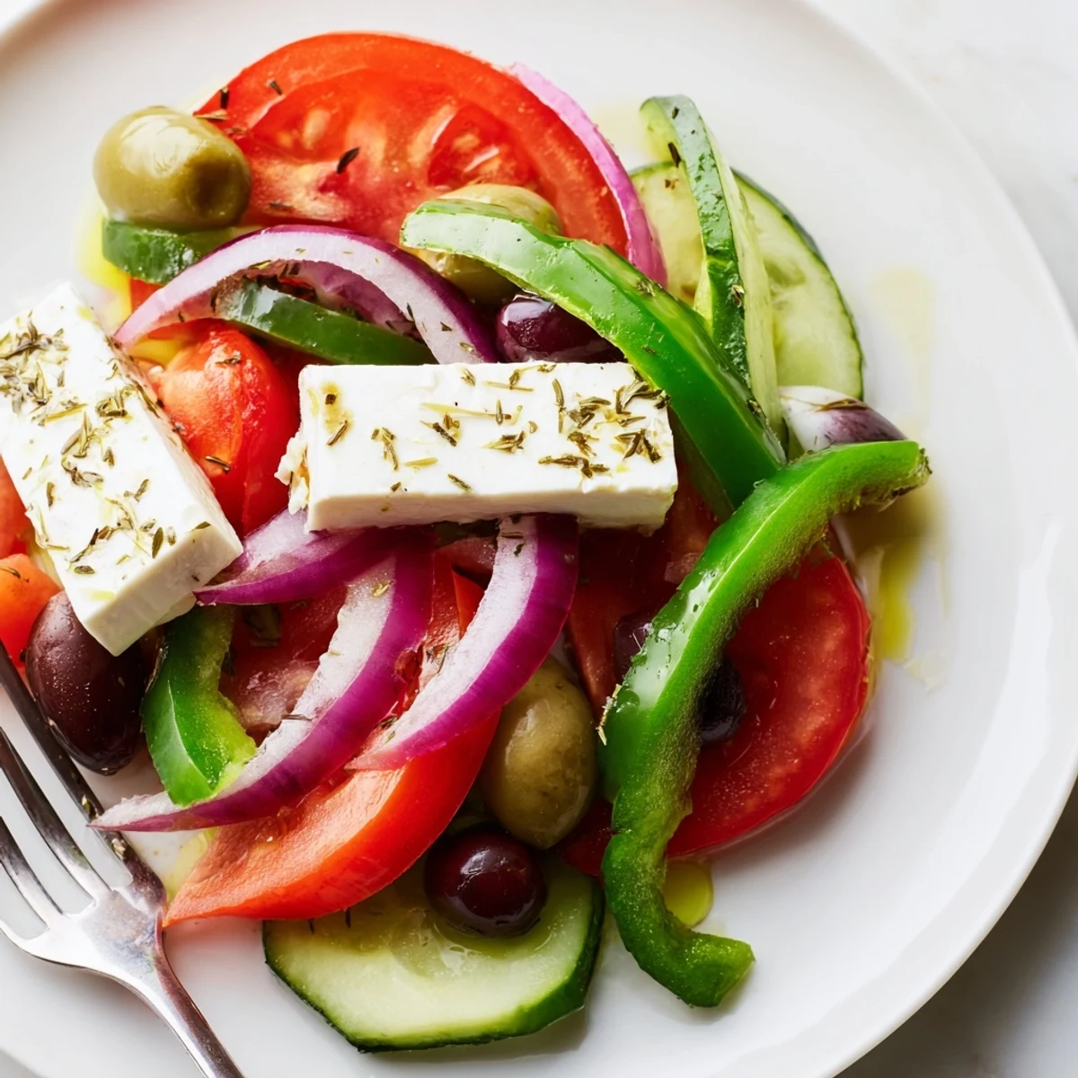 Vibrant bowl of Greek salad with Kalamata olives and feta, topped with oregano, ready to serve alongside crusty bread.