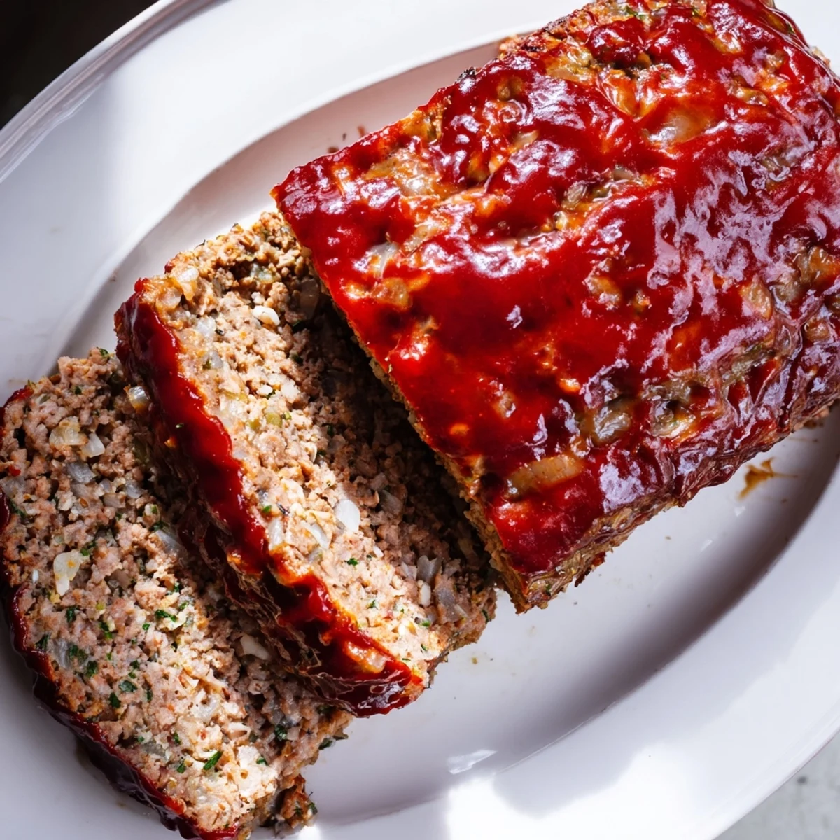 Freshly baked turkey meatloaf with a caramelized tangy glaze, served alongside crisp-tender green beans and a lemon wedge.  