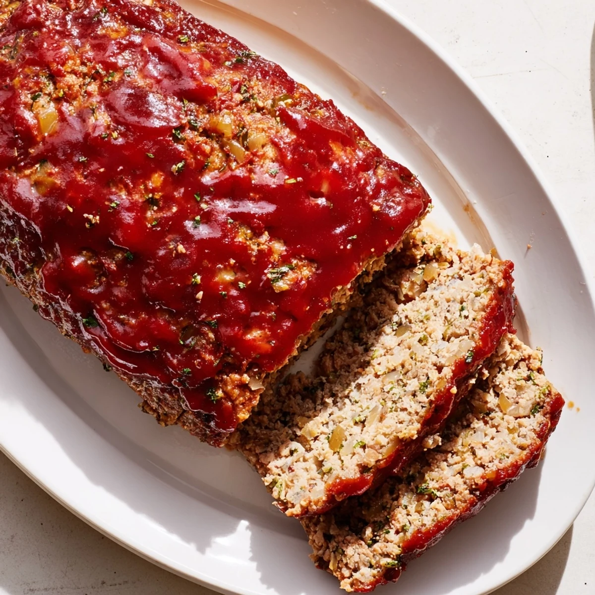Golden-brown turkey meatloaf with a shiny glaze, resting on a sheet pan with bright green beans ready to serve.