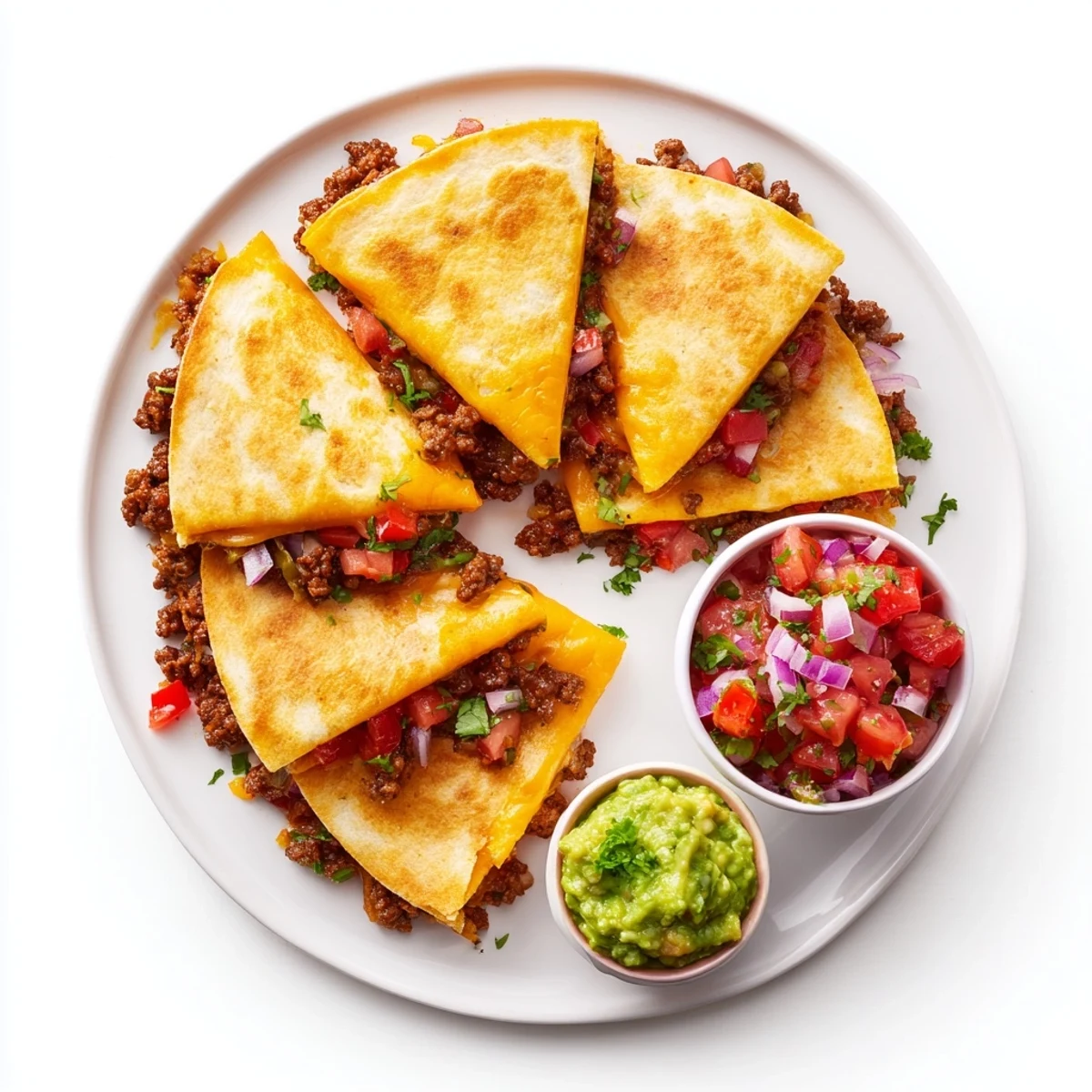 Golden-brown flour tortillas stuffed with seasoned ground beef and melted cheddar, served with fresh salsa and guacamole.