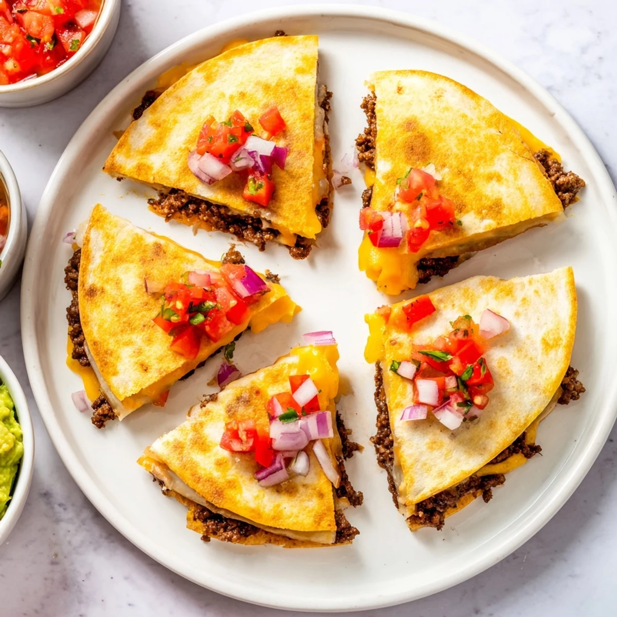 A close-up of cheesy Beef Quesadillas with Salsa and Guacamole, highlighting the savory filling and vibrant toppings.
