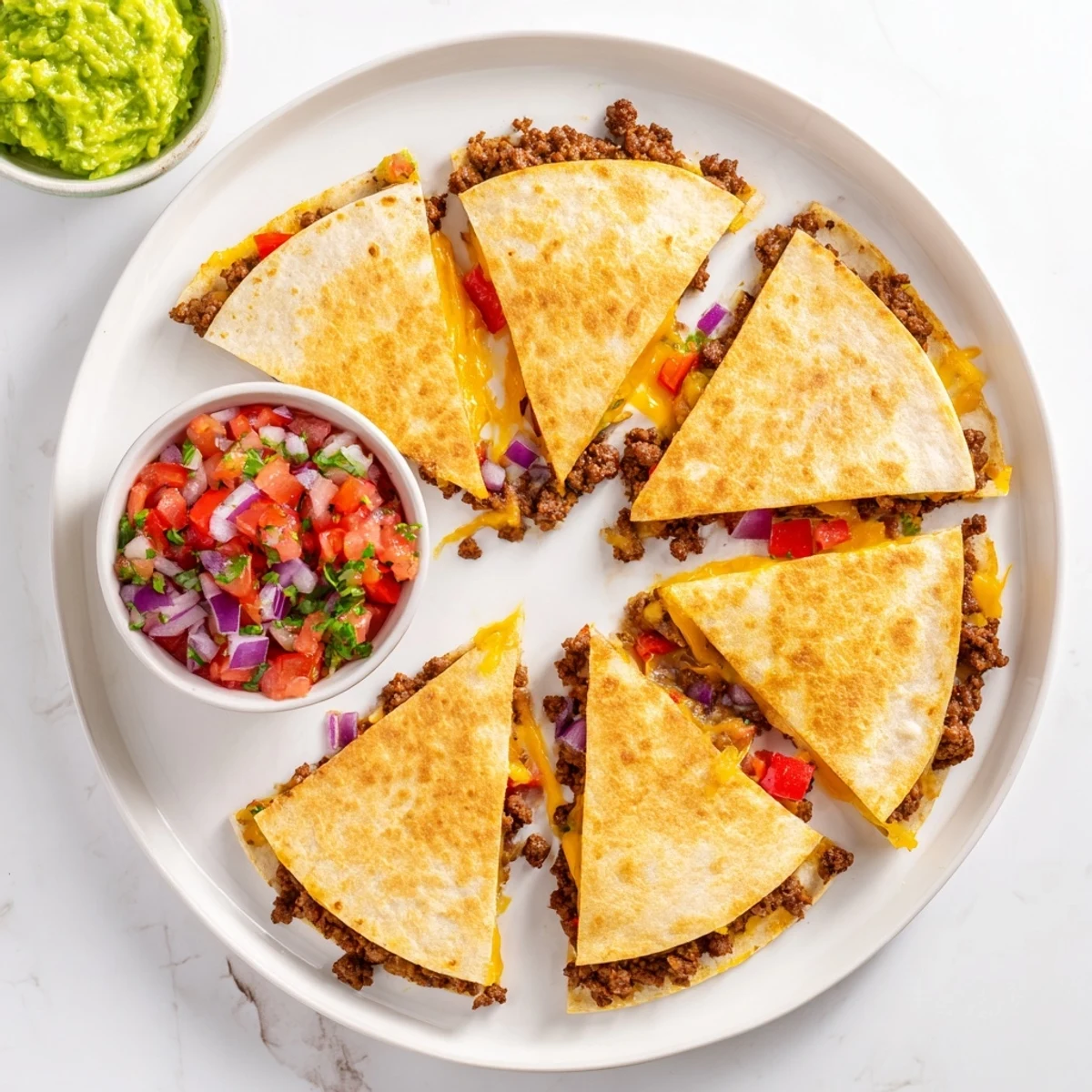 Beef Quesadillas with Salsa and Guacamole arranged on a rustic plate, ready for a quick and flavorful weeknight dinner.