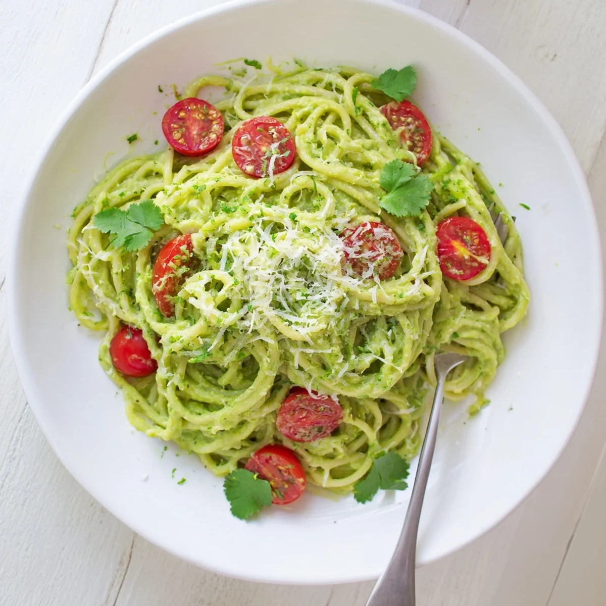 Creamy avocado lime pasta with cherry tomatoes served in a white bowl, with bright green sauce and halved tomatoes.
