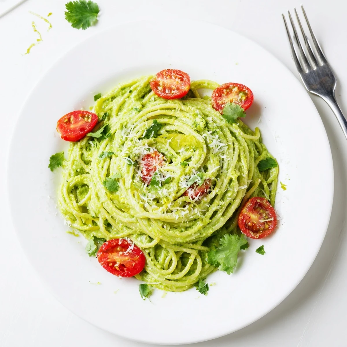 A bowl of creamy avocado lime pasta topped with juicy cherry tomatoes, fresh cilantro, and lime zest for brightness.