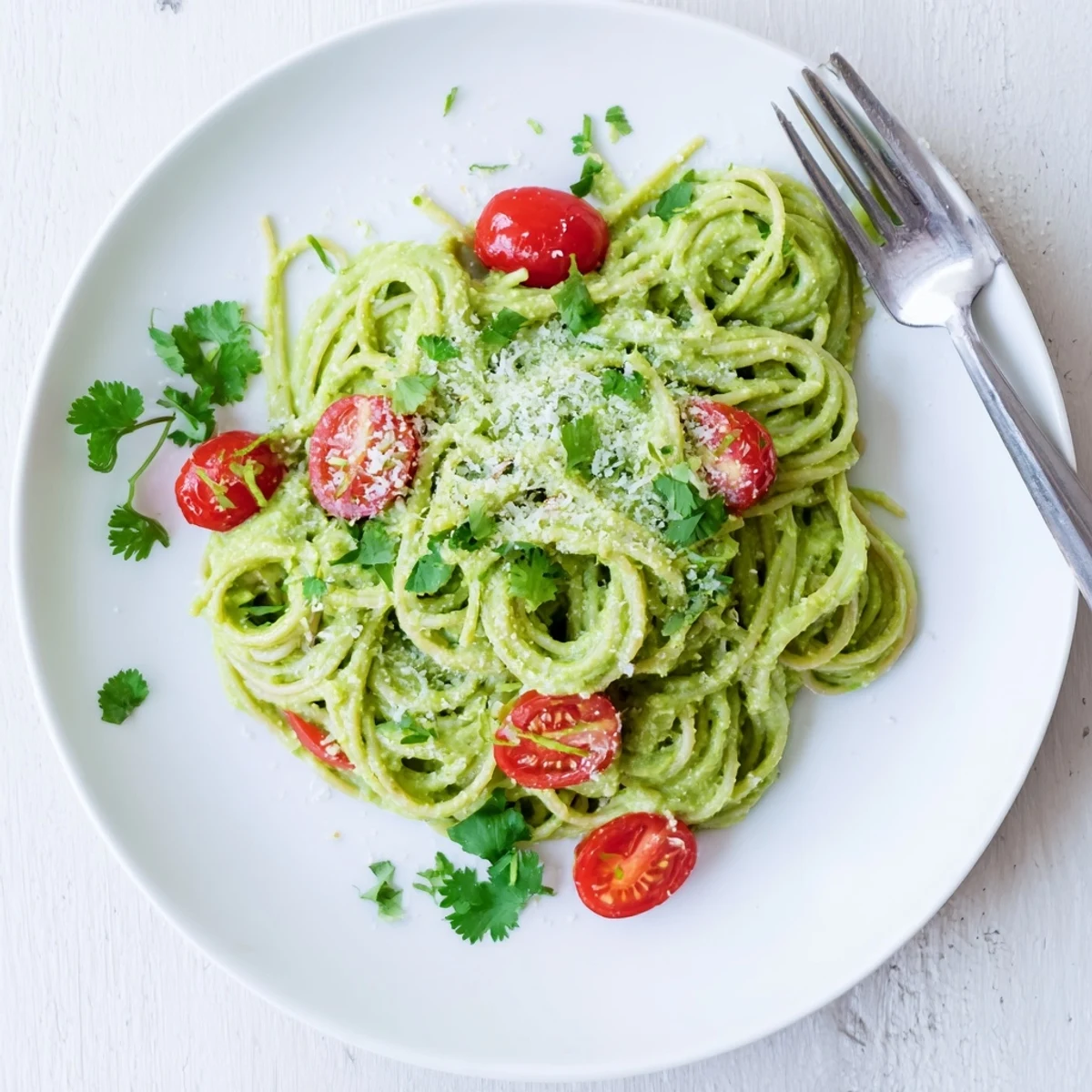 Overhead view of creamy avocado lime pasta with cherry tomatoes, showcasing a lush, vibrant sauce and glistening olive oil.