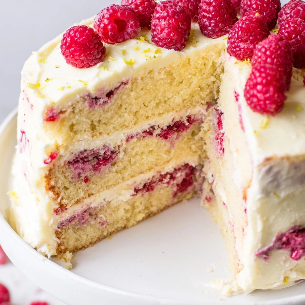 A vibrant slice of Lemon Raspberry Layer Cake with Frosting, featuring tender layers, fresh raspberries, and creamy lemon frosting.  