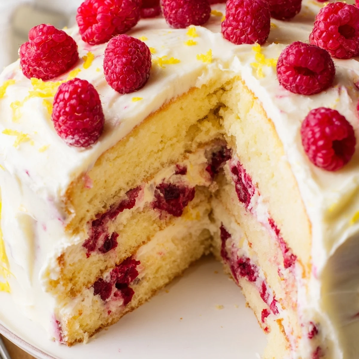 Delicious Lemon Raspberry Layer Cake with Frosting on a plate, garnished with extra berries and zest for a bright finish.  
