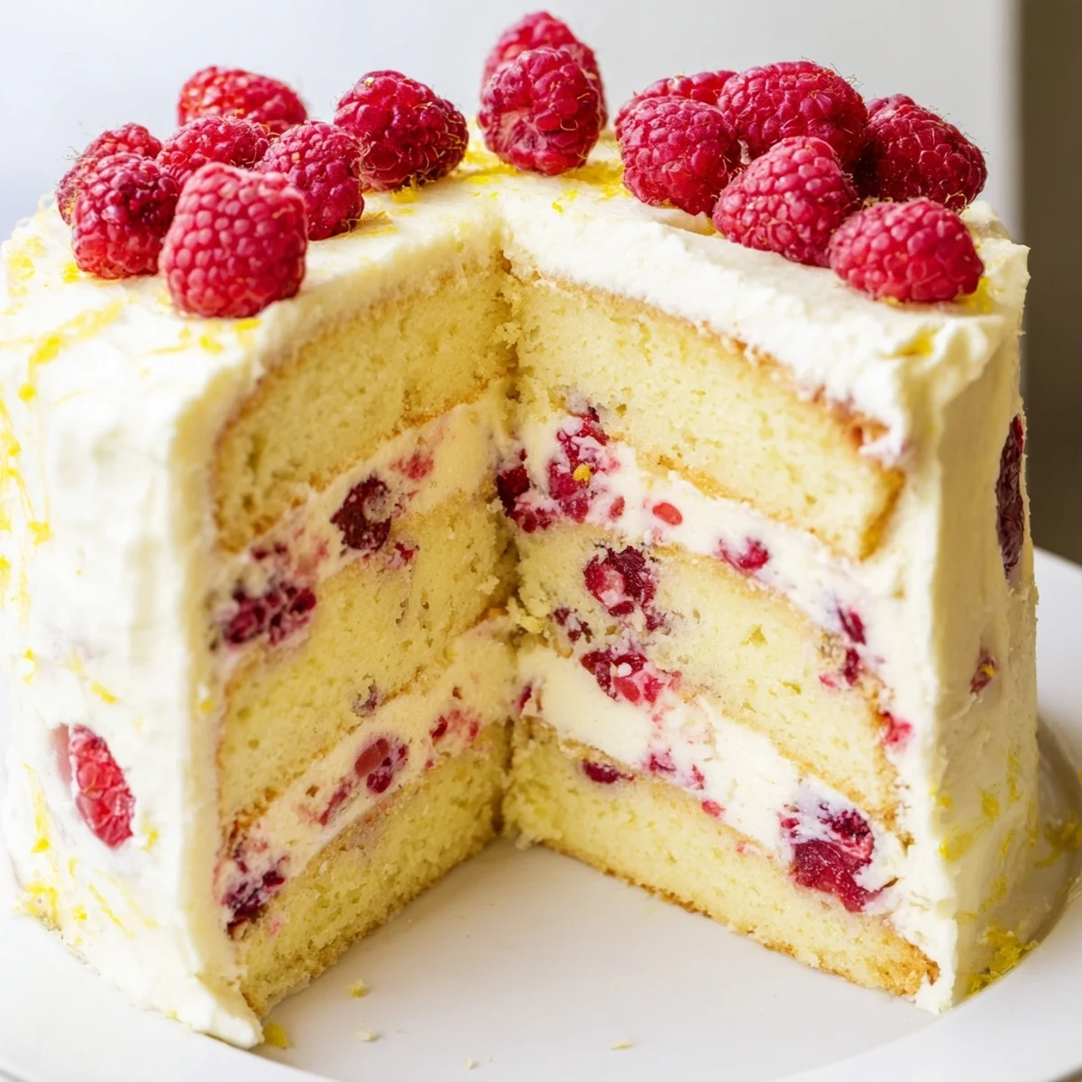 Close-up of Lemon Raspberry Layer Cake with Frosting, highlighting its fluffy texture and tangy, sweet raspberry filling.