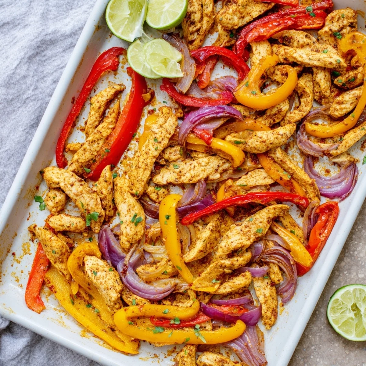 Roasted strips of juicy chicken, bell peppers, and sweet onions sizzling on a sheet pan for easy Tex-Mex fajitas.