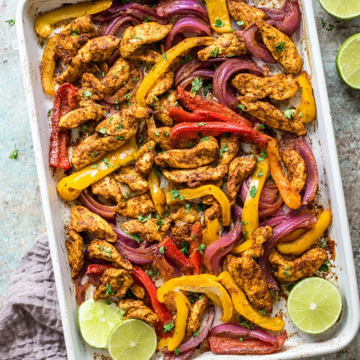 Golden-brown Sheet Pan Chicken Fajitas topped with fresh cilantro and lime wedges, served alongside warm corn tortillas.