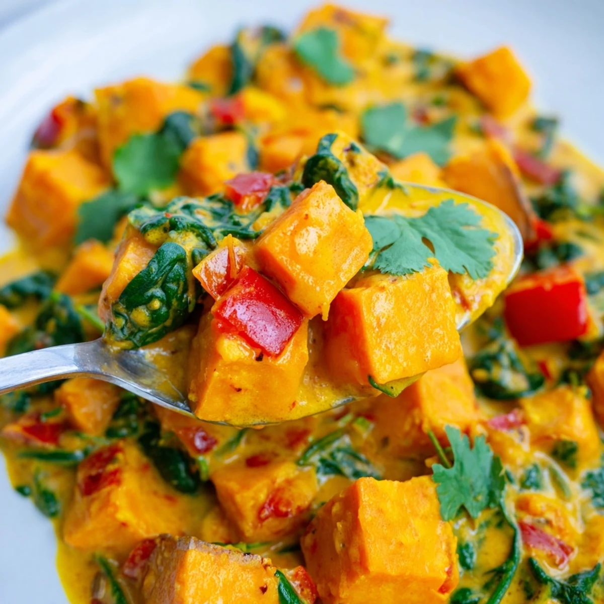 Fragrant Vegan Sweet Potato Curry with Spinach steaming in a white bowl, garnished with fresh cilantro and a lime wedge.