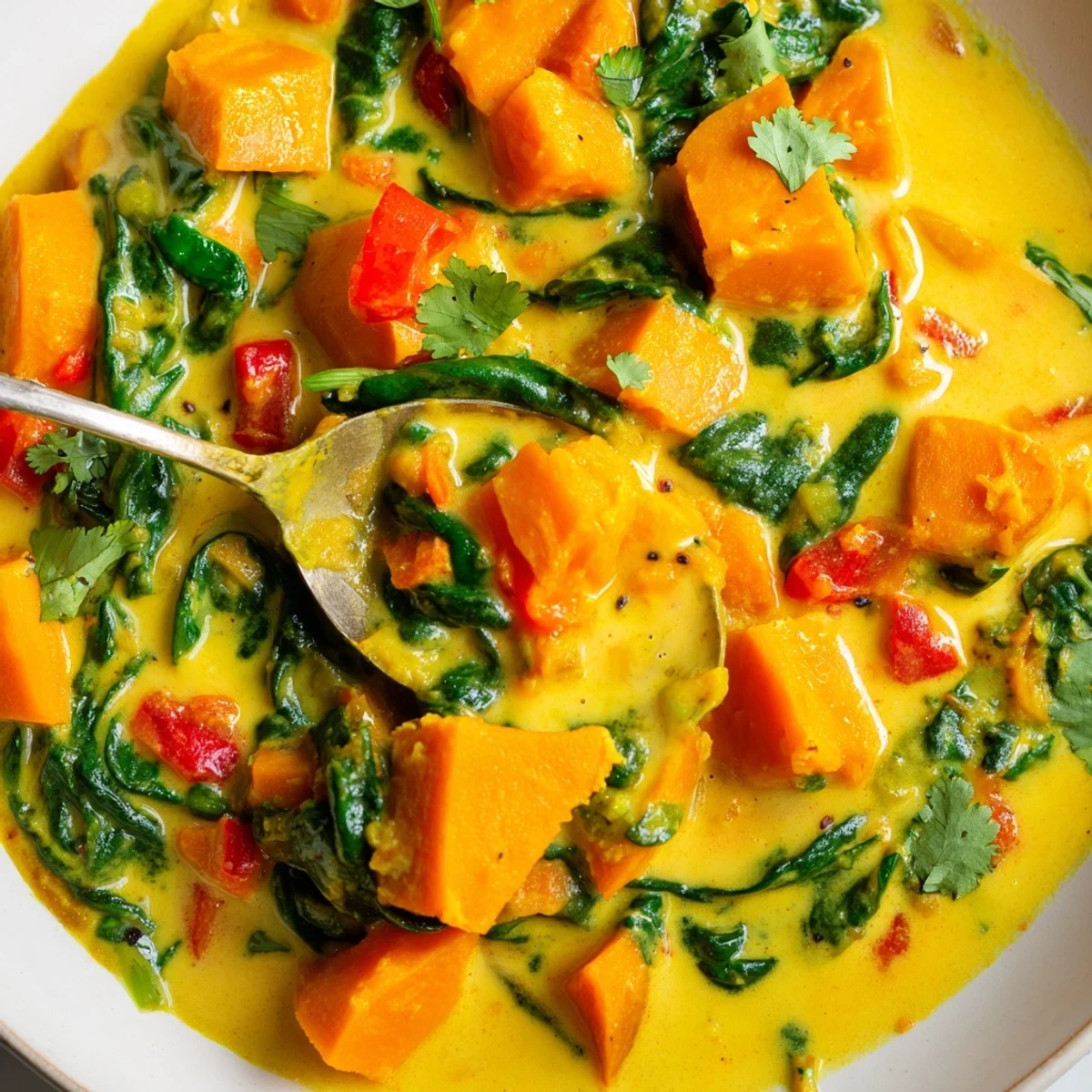 Creamy coconut Vegan Sweet Potato Curry with Spinach ladled over fluffy basmati rice, next to a piece of warm naan.