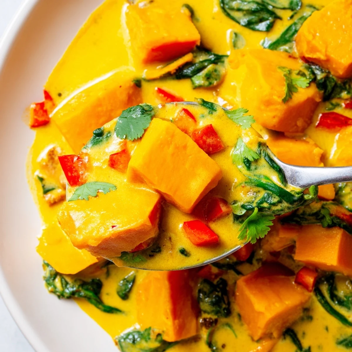 Hearty pot of Vegan Sweet Potato Curry with Spinach featuring tender orange cubes and vibrant green wilted spinach leaves.